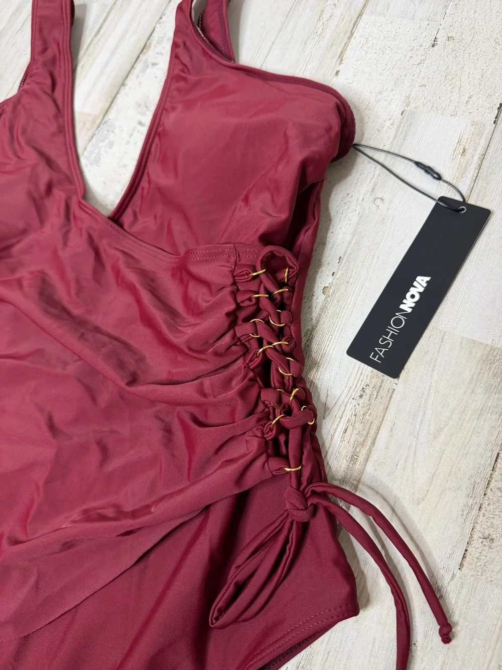Fashion Nova Wine Red Lace-Up One-Piece Swimsuit